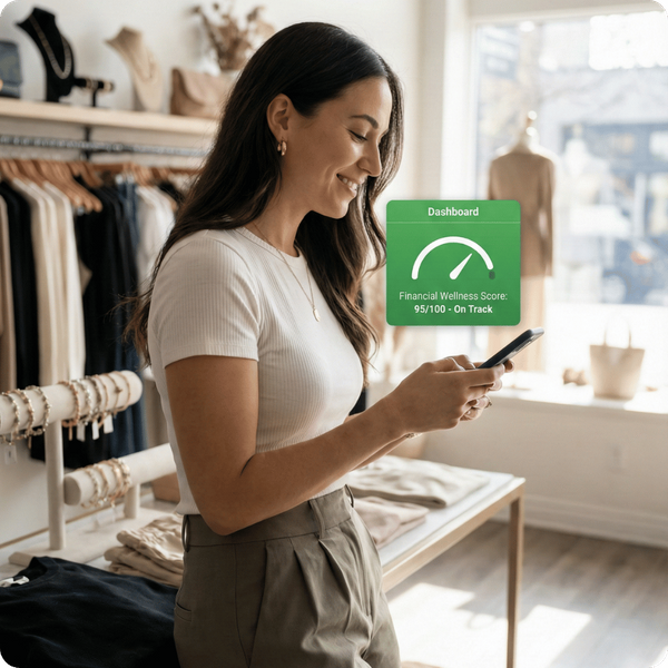 A retail business owner in a clothing boutique checking her financial health dashboard on a smartphone.