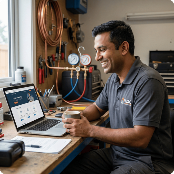 An HVAC technician in a grey uniform sitting at a desk and using a laptop to access digital training materials.