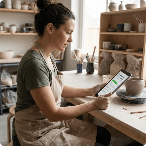A woman in an artisan pottery studio looking at a tablet, highlighting quick business solutions for creative entrepreneurs.