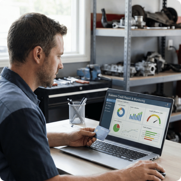 A man in a workshop office analyzing business credit reports and colorful data charts on a laptop screen.