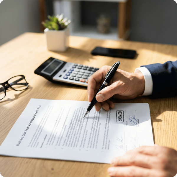 A person in a business suit signing a legal document next to a calculator and eyeglasses on a desk.