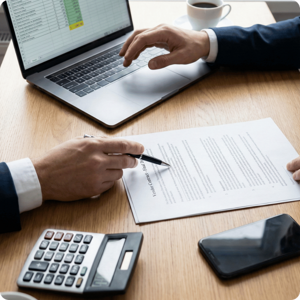 Two business professionals in suits reviewing and signing a formal contract on a wooden desk.