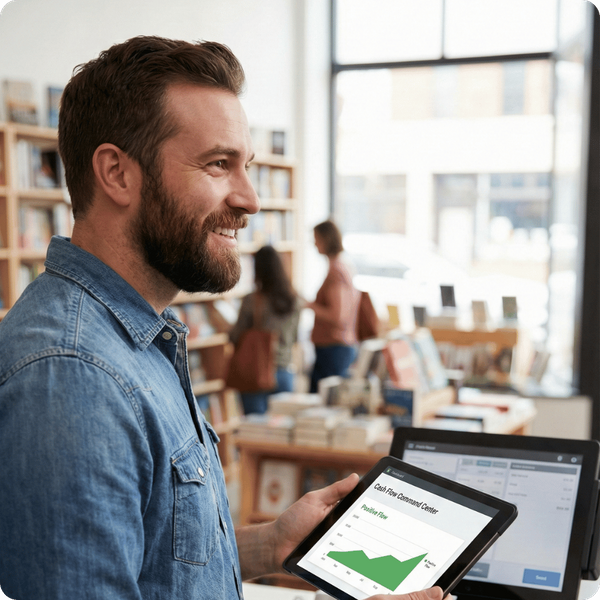 A professional man smiling while working on a laptop in a modern, sunlit office environment.