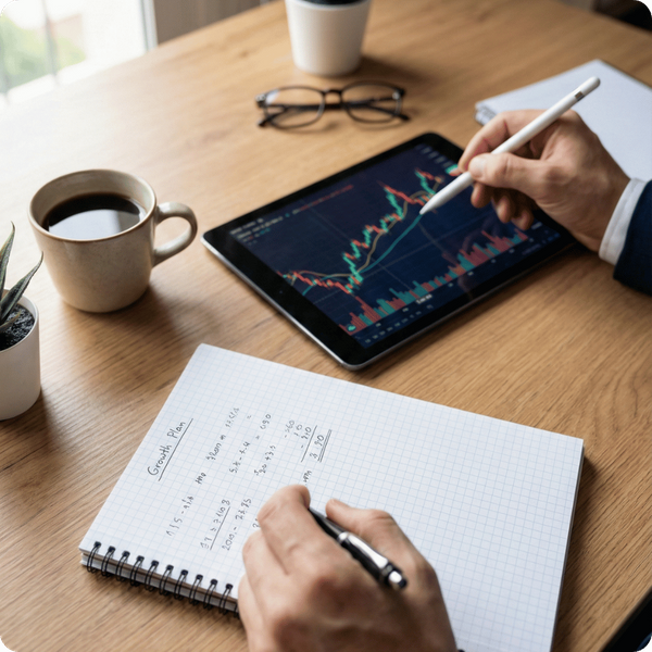 Close-up of a person’s hands using a stylus to track stock market trends and financial graphs on a tablet next to a cup of coffee.