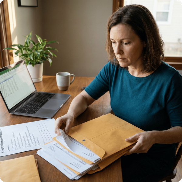 A woman sitting at a wooden desk, focused on reviewing financial documents and papers she has removed from a large manila envelope.