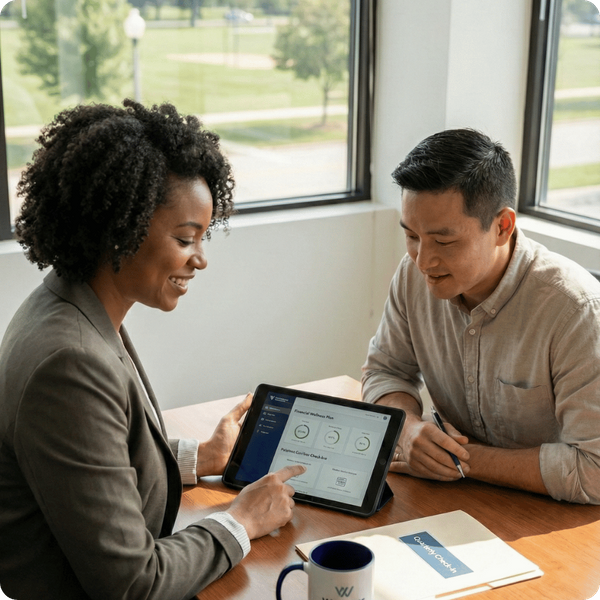 A man and a woman sitting together at a table, looking at and discussing financial data and growth charts displayed on a digital tablet.