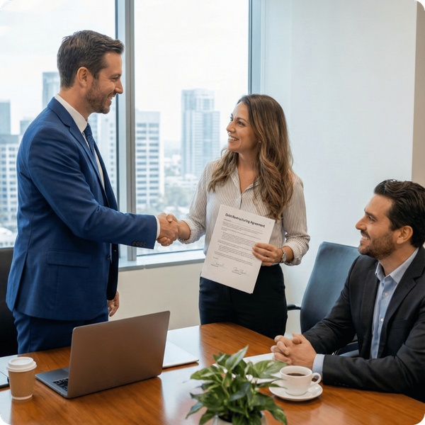 Three business professionals in a sunlit office shaking hands and smiling while holding a document folder, signifying a successful agreement or resolution.