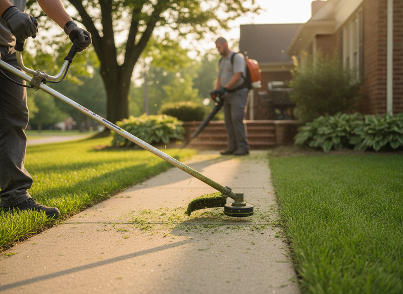Lawn Care Workers Trimming and Blowing Grass in a Residential Yard