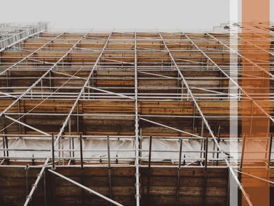 View looking up of scaffolding along building