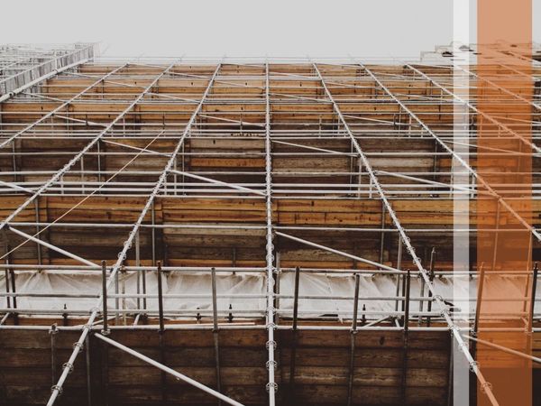 View looking up of scaffolding along building