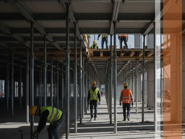Construction workers walking among concrete shoring