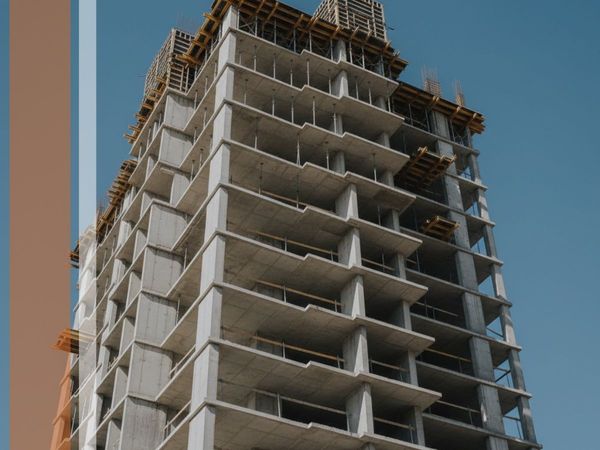 A skyscraper under construction, with concrete frames