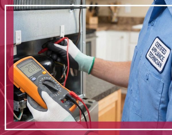 A close-up view of a certified technician using a multimeter to test the electrical components of a refrigerator during a diagnostic inspection.