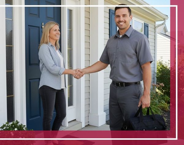 A smiling appliance repair technician wearing an "American Service" uniform holding a tool bag, greeting a homeowner at the front door of a residential house.