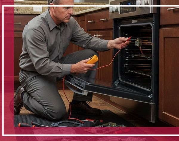Experienced technician using a multimeter to diagnose a wall oven, with genuine factory replacement parts visible on a floor mat.