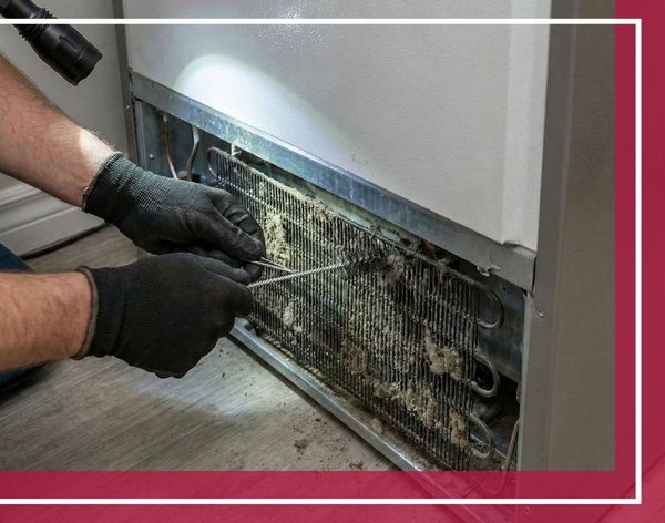 A person using a specialized brush to clean dust and debris from the condenser coils at the bottom of a refrigerator to improve efficiency.