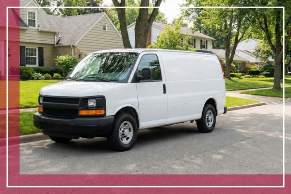 A plain white service van parked on a residential street in a suburban neighborhood.