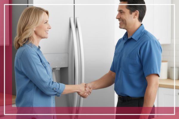 ice maker repair tech with homeowner