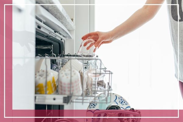 A person's arm reaches into a dishwasher to place a glass on the top rack Matinecock 1.jpg
