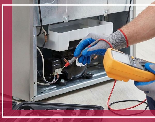 technician using a volt-ohm meter to diagnose a problem in a refrigerator