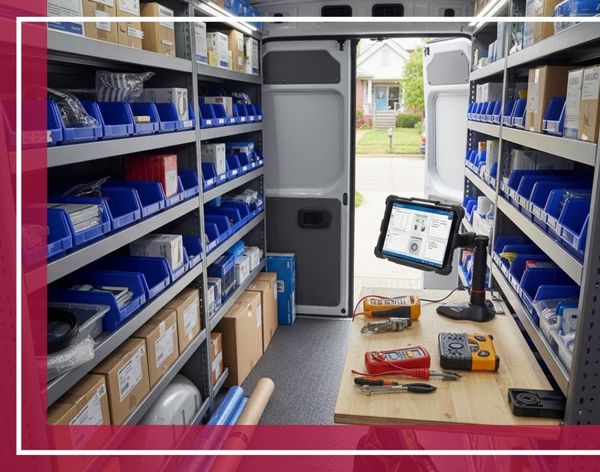 Interior view of a well-stocked appliance repair van containing various replacement parts in boxes labeled with different brand names, diagnostic tools, and a tablet displaying a service manual.