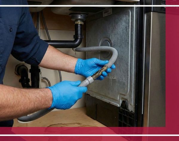 An American Service technician replacing a damaged dishwasher drain hose under a kitchen sink.
