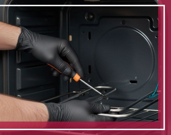 Close-up view of a technician's gloved hands using a screwdriver to install a new heating element inside a residential oven.