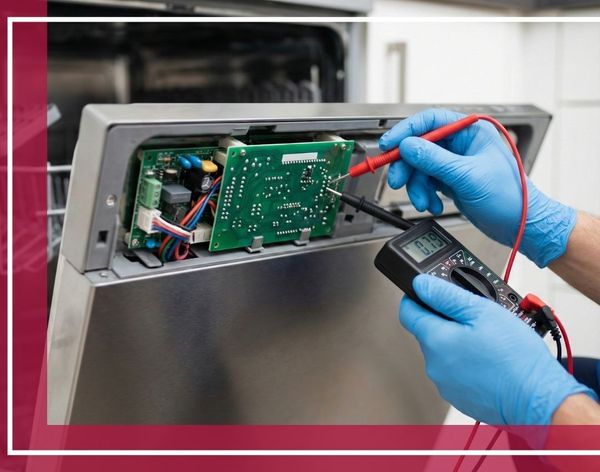 Close-up of a technician's hands using a multimeter to test a dishwasher's electronic control board.
