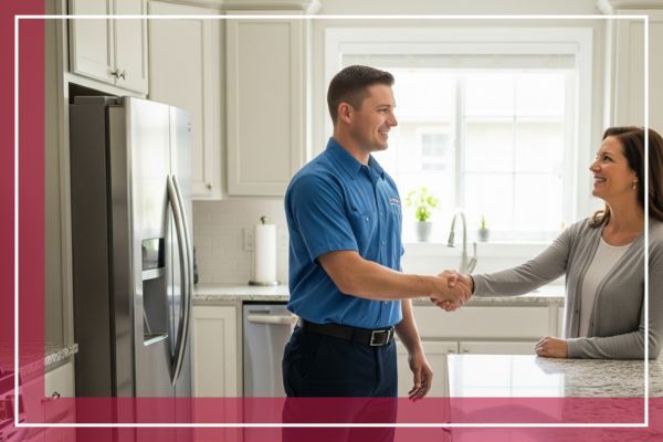 An appliance technician in a blue uniform shakes hands with a smiling homeowner in a clean, modern kitchen.