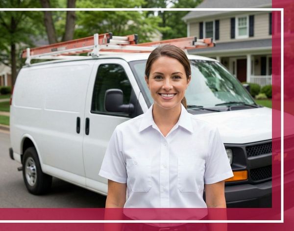 A smiling American Service technician standing in front of her branded service van on a Brookville residential street.