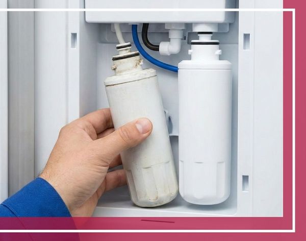 technician replacing a water filter in a refrigerator