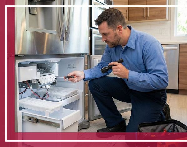 A professional technician performing maintenance on a refrigerator, inspecting the internal ice maker components to ensure long-term performance.