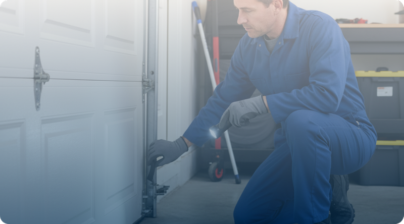 garage door contractor checking on door tracks during a tune-up