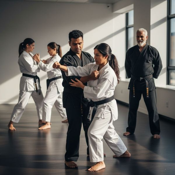 woman being instructed at martial arts studio