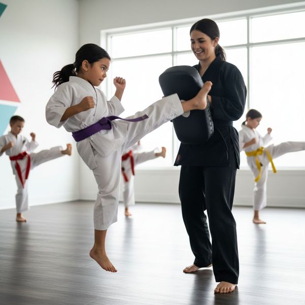 child practicing kicks at martial arts studio