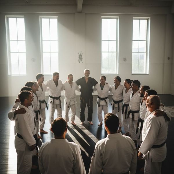 group of adults in a circle at martial arts studio