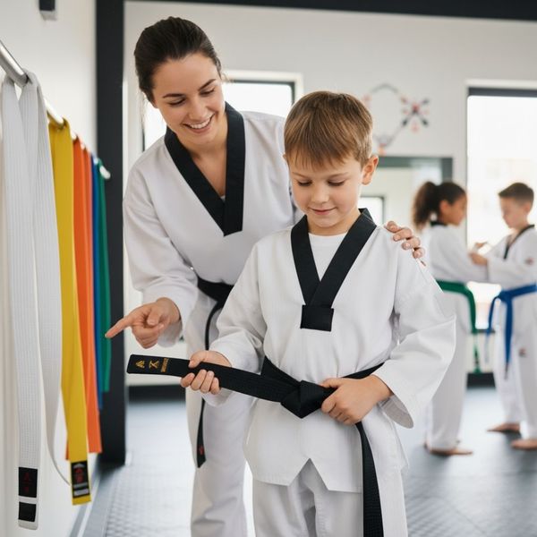 happy child putting on his new belt at martial arts studio