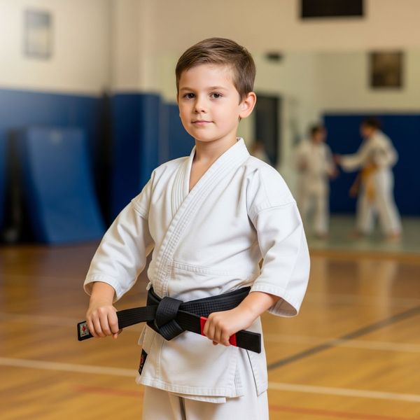 A young boy in a white gi with a black belt, holding the belt with a confident and proud expression. A young boy in a white gi with a black belt, holding the belt with a confident and proud expression.