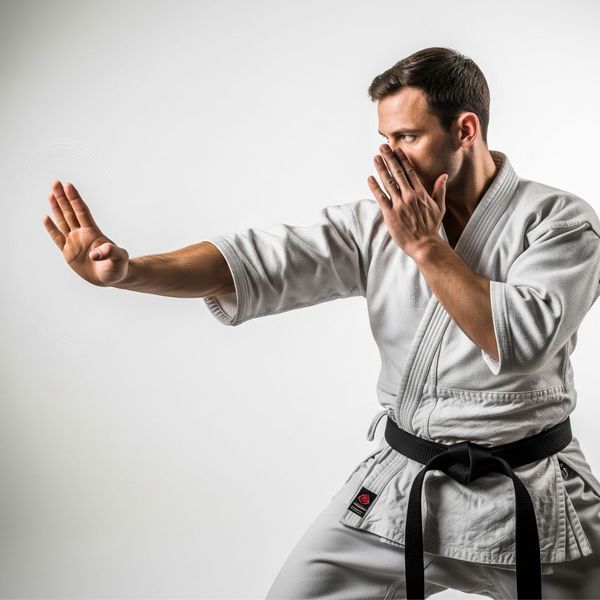 A man in a white martial arts gi with a black belt, in a defensive stance with one hand extended and the other protecting his face. A man in a white martial arts gi with a black belt, in a defensive stance with one hand extended and the other protecting his face.