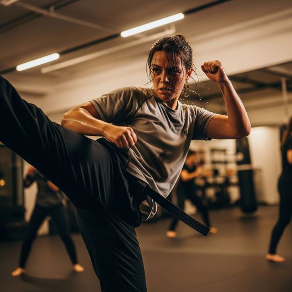 A woman with a determined expression, mid-high kick during an intense martial arts workout, with sweat and motion blur visible. A woman with a determined expression, mid-high kick during an intense martial arts workout, with sweat and motion blur visible.