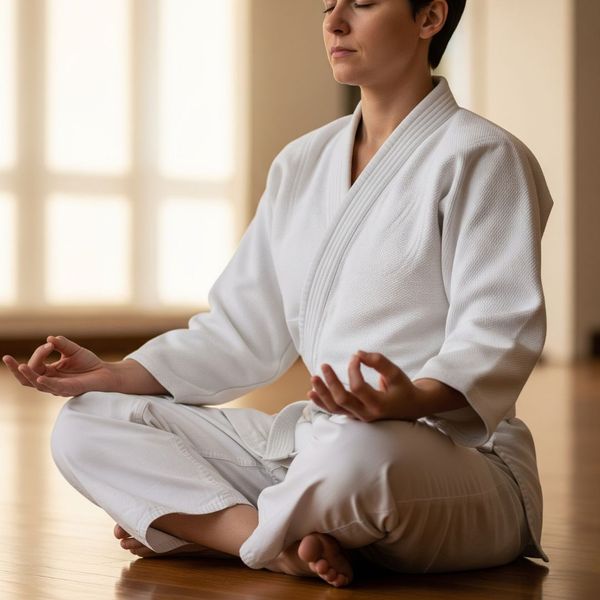 A person in a white gi meditating in a calm and serene studio. A person in a white gi meditating in a calm and serene studio.