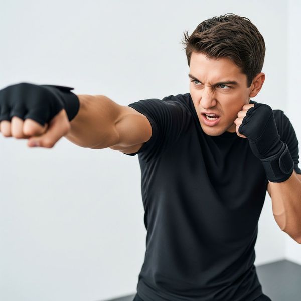 A man with a fierce expression, wearing black athletic wear and hand wraps, throwing a punch. A man with a fierce expression, wearing black athletic wear and hand wraps, throwing a punch.