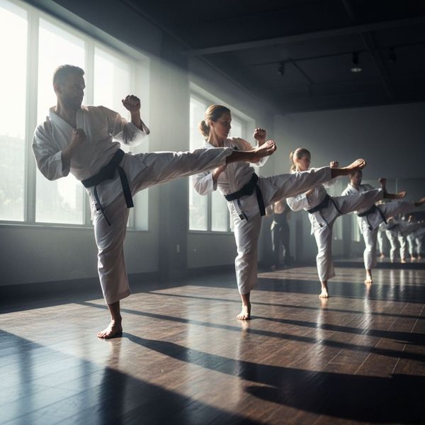 group of adults practicing technique at martial arts studio