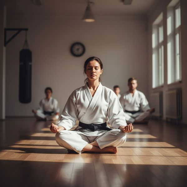 A group of people in white martial arts gis meditating in a well-lit studio, with one woman in the foreground in a lotus position. A group of people in white martial arts gis meditating in a well-lit studio, with one woman in the foreground in a lotus position.