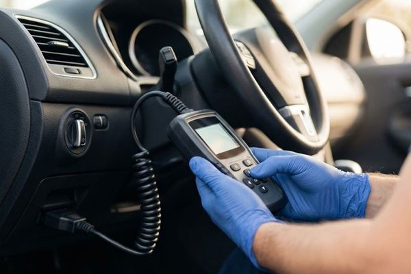  an automotive diagnostic scanner tool plugged into a vehicle's under-dash port, with a mechanic's hands adjusting the device. The background shows softly blurred steering wheel and modern dashboard elements.