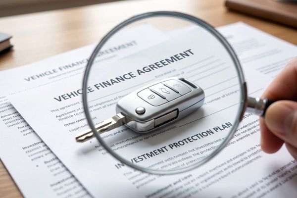 A close-up of a magnifying glass over a car key resting on top of financial documents, representing careful investment protection.