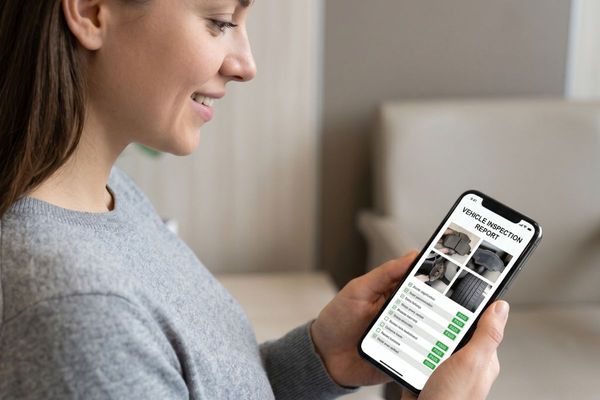 A person looking at a detailed digital vehicle inspection report with photos on a modern smartphone, looking relieved and informed.