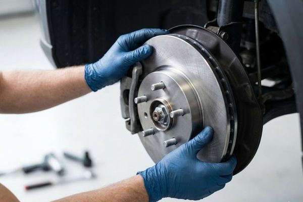 a mechanic's gloved hands installing a shiny, new metal brake rotor onto a vehicle's wheel hub.