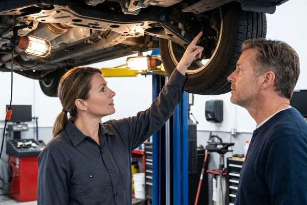 A mechanic pointing to a specific part under a vehicle on a lift, explaining the long-term maintenance reality to a customer.