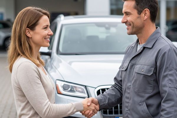 A customer and a mechanic shaking hands in front of a car at a dealership, symbolizing trust and third-party verification.